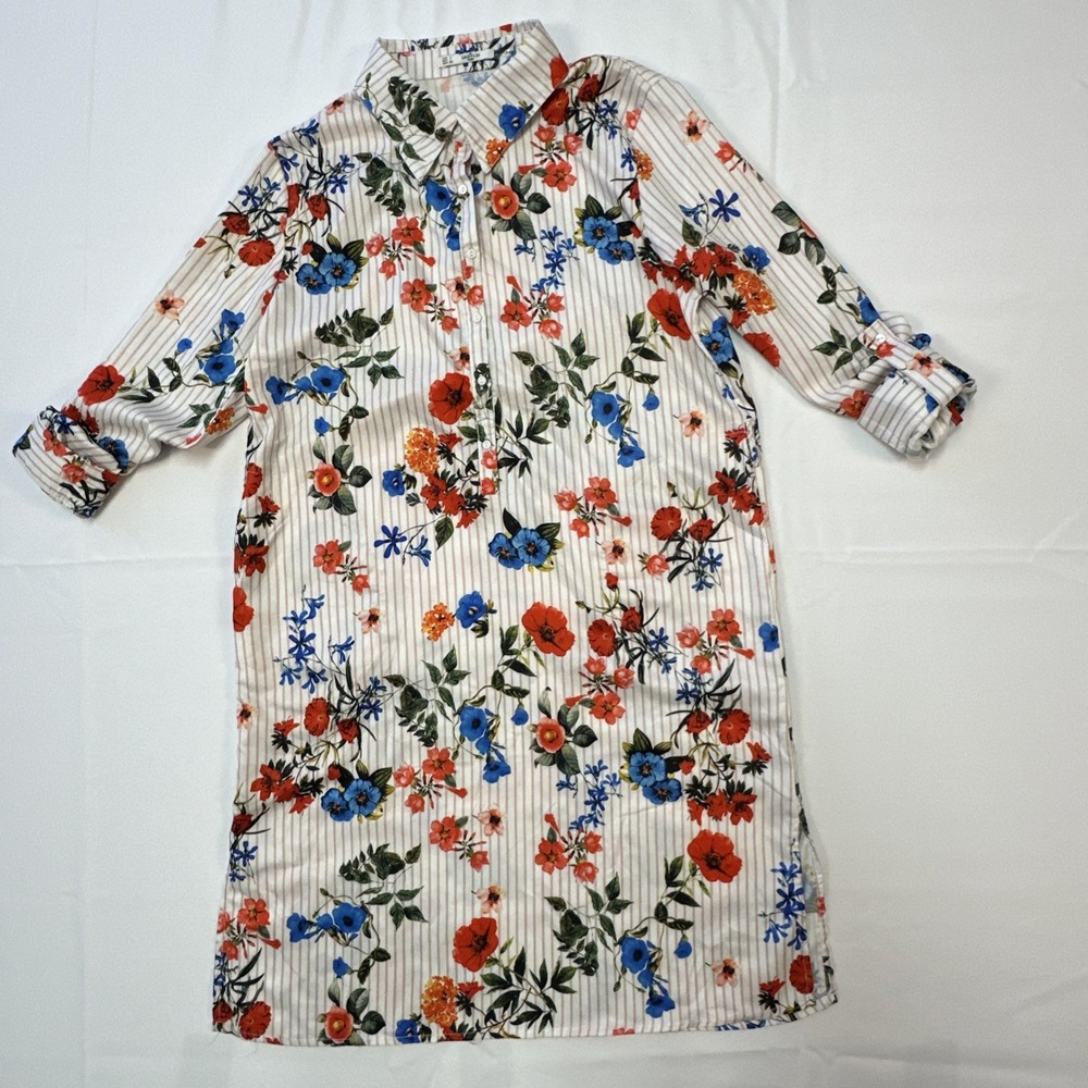Grifflin Paris Floral Stripe Shirt Dress Long-Sleeves Cuffs To Rolled Up Sz L